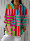Women's Abstract Geometric Pattern Art Print Casual Cotton Linen V-neck Shirt