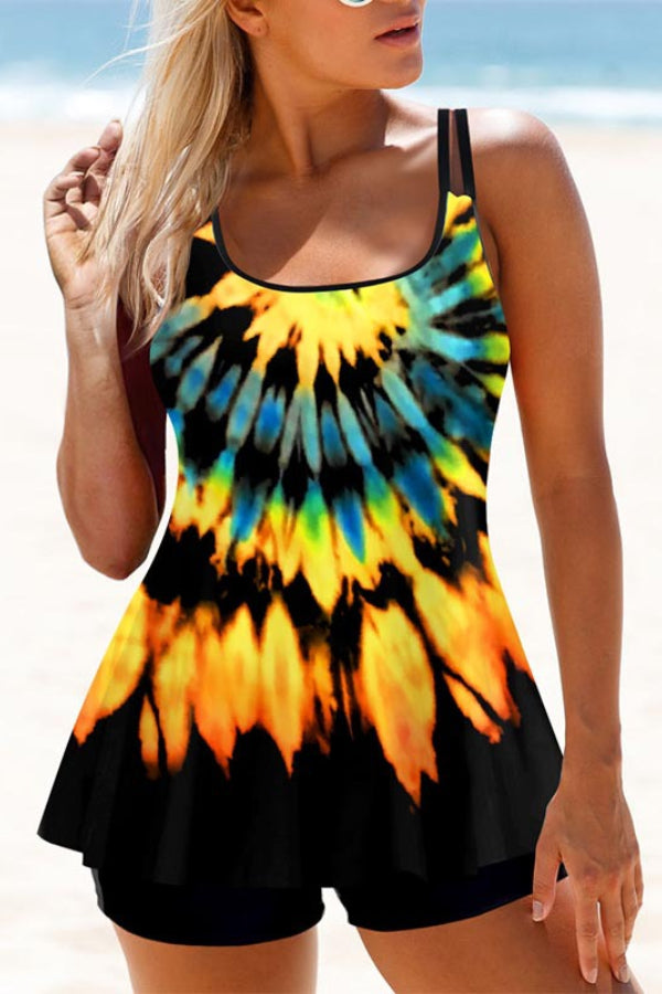 Yellow Double Straps Plus Size Tankini Set