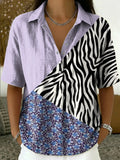 Women's Retro Color-block Patchwork Loose Cotton-linen Short-sleeve Shirt