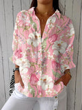 Women's Vintage Floral Art Print Casual Linen V-neck Shirt
