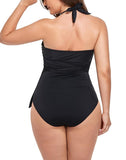 Black Faux Wrap Halter One Piece Swimsuit
