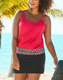 Red Loop Strap Blouson Tankini With A-Line Swim Skirt