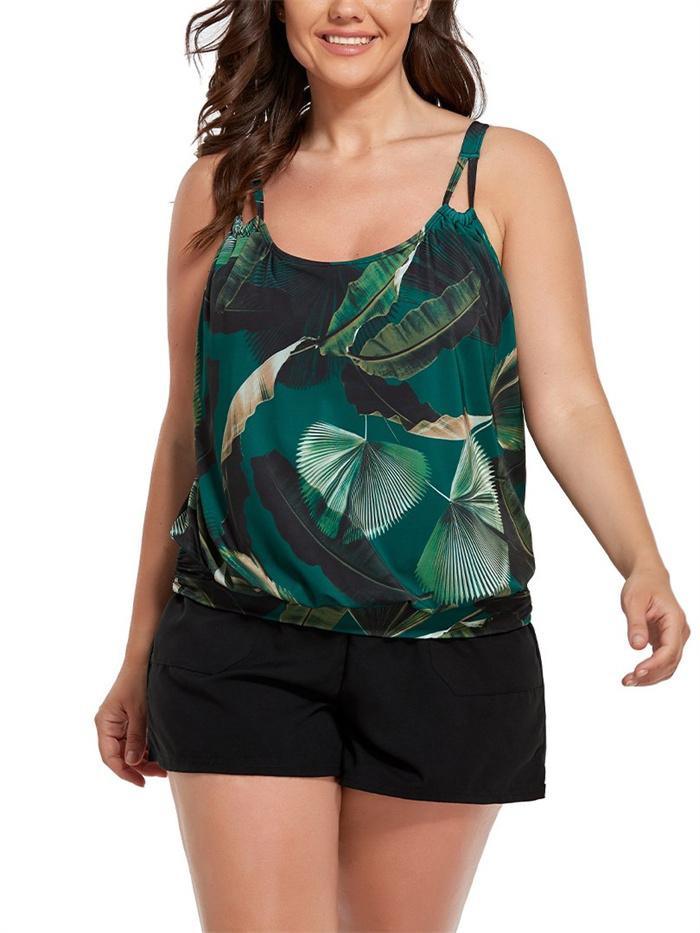 Green Grand Palms Loop Strap Blouson Tankini with Cargo Swim Short