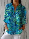 Women's Peacock Feather Pattern Art Print Casual Cotton Linen V-neck Shirt