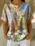 Retro Oil Painting Print Loose-fit Cotton-linen Short-sleeve Shirt