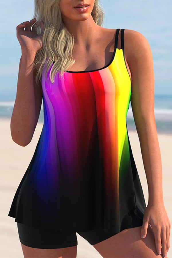 Colorful Double Straps Plus Size Tankini Set
