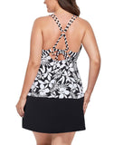 Black Flower V-neck Loop Strap Tankini With A-Line Swim Skirt