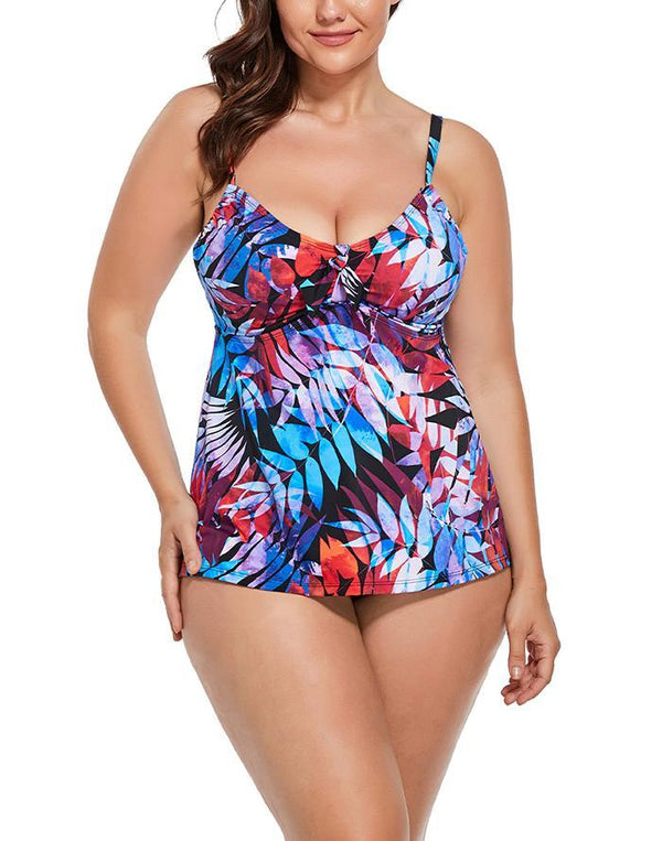 Red Blue Palm Tie Front Underwire Tankini Set