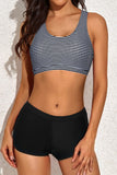 Green and Stripe 3 Piece Athletic Tankini Swimsuits for Women with Shorts Swim Tank Tops with Sports Bra
