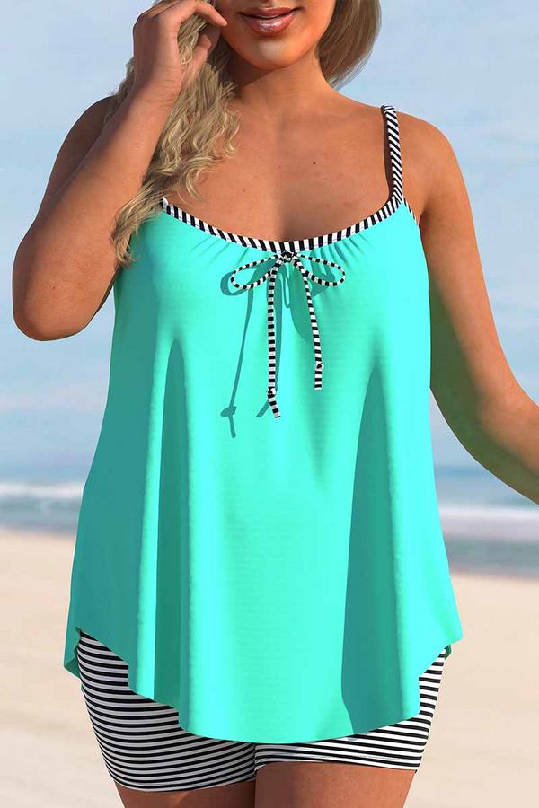 Striped Bowknot Cyan Spaghetti Strap Tankini Set