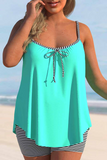Striped Bowknot Cyan Spaghetti Strap Tankini Set