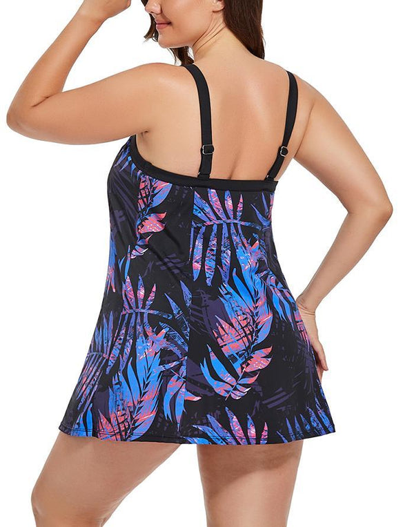 Black Tropical Floral Banded One Piece Swimdress