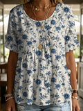 Elegant Floral Decorative Pattern Women's Round Collar Short Sleeve Cotton Shirt