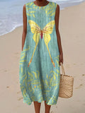 Women's Vintage Flower Butterfly Art Print Sleeveless Cotton Pocket Wrap Dress