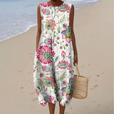 Women's Vintage Floral Art Print Sleeveless Cotton Pocket Wrap Dress