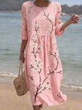 Women's Casual Round Neck Mid Sleeve Print Cotton and Linen Dress