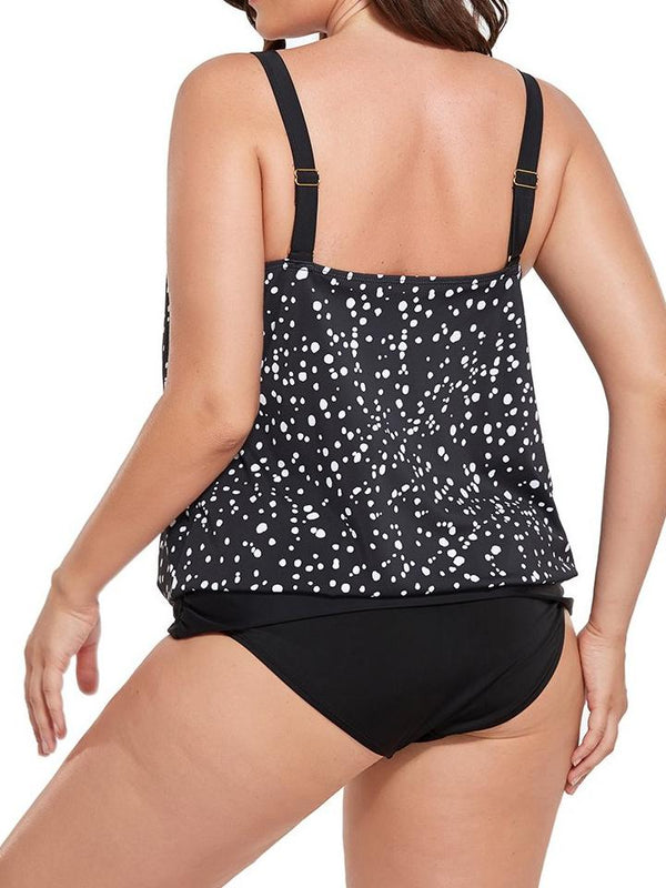 Black White Dot Loop Strap Blouson Tankini Set