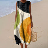 Women's Fashion Colorblock Art Print Sleeveless Cotton Pocket Wrap Dress