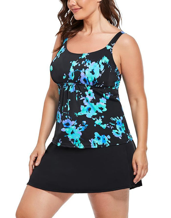 Black White Floral Faux Flyaway Underwire Tankini With Side Slit Swim Skirt