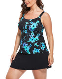 Black White Floral Faux Flyaway Underwire Tankini With Side Slit Swim Skirt