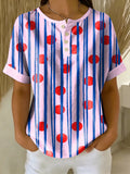 Retro Color-block Patchwork Print Loose-fit Cotton-linen Short-sleeve Shirt