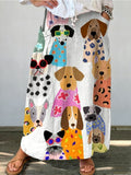 Women's Colorful Cartoon Puppy Linen Pocket Skirt