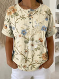 Women's Vintage Flower Pattern Printed Cotton Linen Top