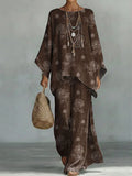 Women's Floral Print Linen Cotton Top And Wide-leg Pants Two-piece Set