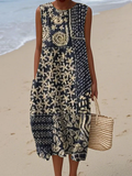 Women's Vintage Floral Art Print Sleeveless Cotton Pocket Wrap Dress