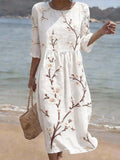 Women's Casual Round Neck Mid Sleeve Print Cotton and Linen Dress