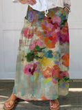 Women's Vintage Floral Art Print Linen Pocket Skirt