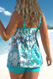 Tribal Print Wide Strap Cyan Tankini Set