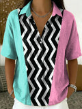 Women's Retro Color-block Patchwork Loose Cotton-linen Short-sleeve Shirt