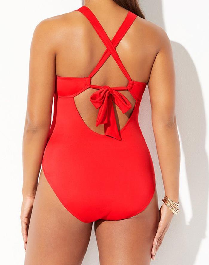 Red Lace Up One Piece Swimsuit