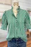 100% Cotton Green/Khaki/Red/Blue Gingham Check Shirt with Ruffle Neckline & Puff Sleeves Medium Length Women's Fashion Top