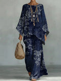 Women's Flower Print Linen Cotton Top And Wide-leg Pants Two-piece Set