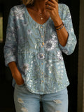 Women's Retro Flower Art Print Linen Cotton Shirt