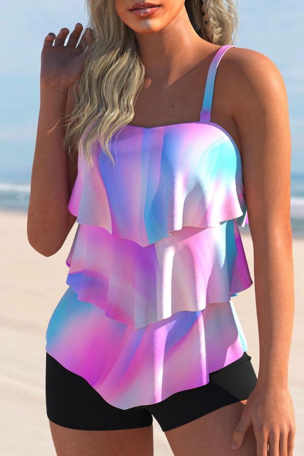 Multi Color Ombre Layered Hem Tankini Set