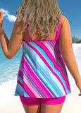 Striped Plus Size Rose Red Double Straps Tankini Set
