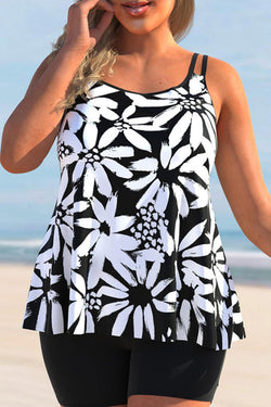 White Leaf Print Double Straps Plus Size Tankini Set