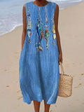 Women's Fish Vintage Art Print Sleeveless Cotton Pocket Wrap Dress