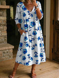 Women's Flower Print Casual Loose-fit Cotton-linen Dress With Lace Trim And Paneling