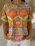 Women's Vintage Flower Pattern Printed Cotton Linen Top