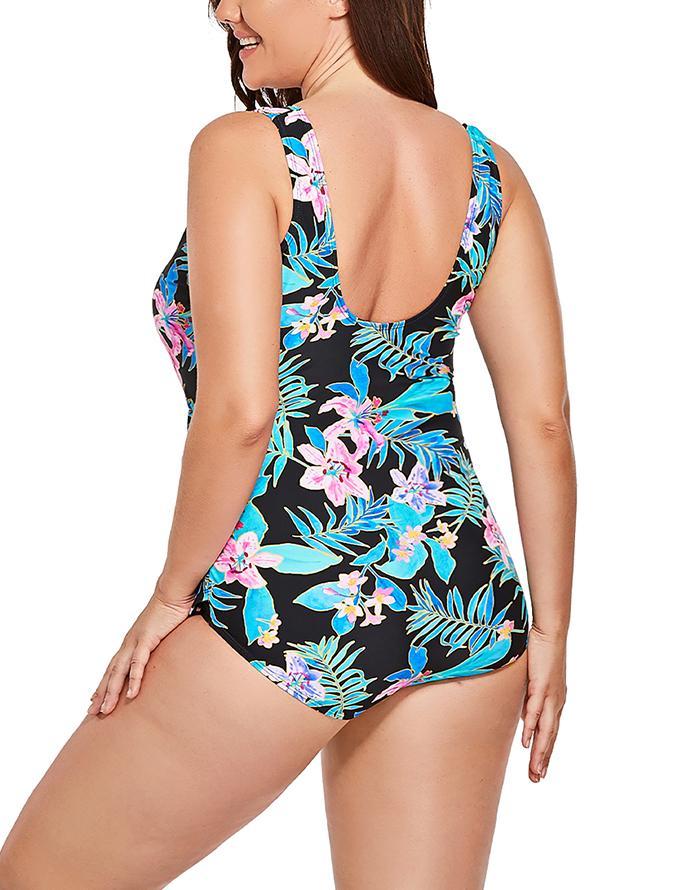 Pink Floral Sarong Front One Piece Swimsuit