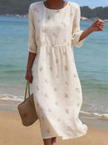 Women's Casual Round Neck Mid Sleeve Print Cotton and Linen Dress