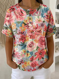 Women's Vintage Flower Pattern Printed Cotton Linen Top