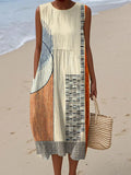 Women's Vintage Abstract Geometric Art Print Sleeveless Cotton Pocket Wrap Dress