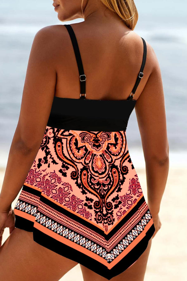 Paisley Print Plaid Pink Lace Up Swimdress Set