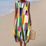 Women's Fashion Color Block Art Print Sleeveless Cotton Pocket Wrap Dress