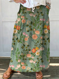 Women's Retro Floral Art Print Linen Pocket Skirt